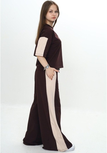 Kız Çocuk %100 Pamuk London Baskılı Oversize Garnili Truvakal Kollu Eşofman Takımı-293-eşt-0010 Kahverengi