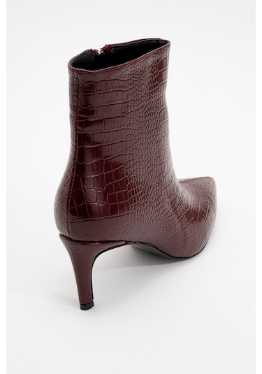 Noya Bordo Baskı Sivri Burun Kadın İnce Topuklu Bot Bordo