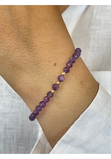 14 Ayar Altın Dorika Detaylı Doğal Amatis Taşlı Unisex Altın Bileklik Altın