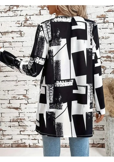 Kadın Uzun Kollu Önü Açık Desenli Modal Kısa Ceket Siyah