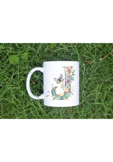 J Harfi Çiçekli Kupa Bardak - Soft Renk Çiçek Ve Kelebek Desenli Zarif Kahve Kupası - Bohem Beyaz