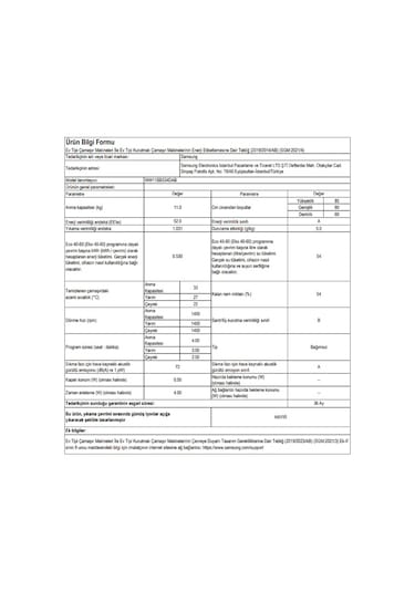 Samsung WW11BB534DABAH 1400 Devir 11 KG Çamaşır Makinesi