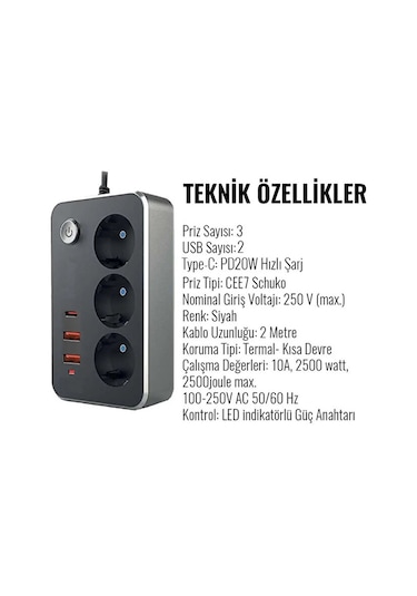 3lü Priz 2500 Watt Akım Korumalı 2m Uzatma Kablosu 2xusb 1xtype-c Diğer