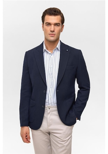 Süvari Lacivert Slim Desenli Mono Yaka 6 Drop Ceket Lacivert