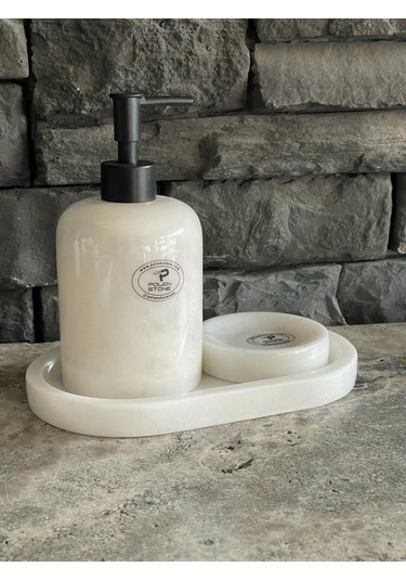 Beyaz Mermer Sıvı Sabunluk, Oval Tepsi. Katı Sabunluk 3'lü Set Siyah Aksesuarlı Beyaz