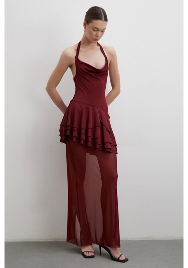 Boyun Askılı Fırfırlı Tül Elbise Bordo Bordo