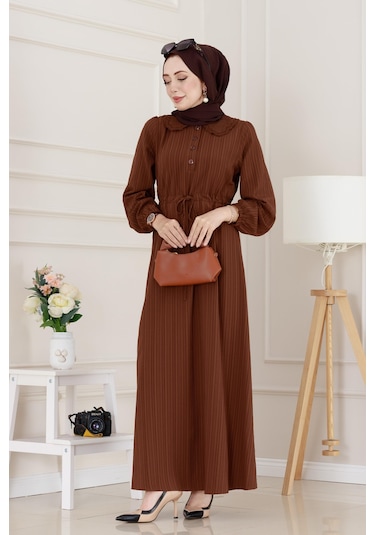 Yakası Güpür Nova Elbise-kahverengi-5028 Kahverengi