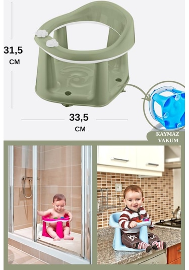 Flosoft Vakumlu Bebek Banyo & Mama Oturağı + Silicolife 2 Adet Silikon Mama Kaşığı Hediye Yeşil
