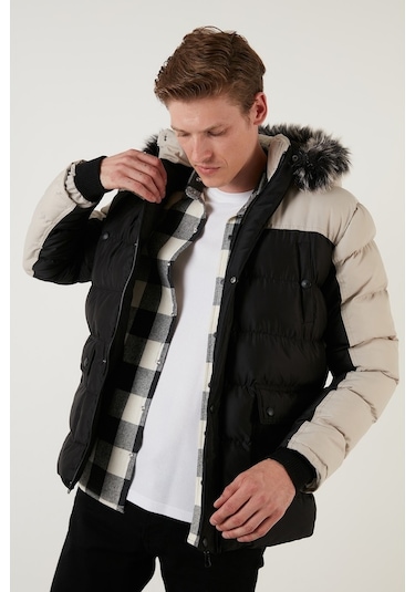 Buratti Slim Fit Çıkarılabilir Suni Tüylü Kapüşonlu Şişme Erkek Mont 5760076 Siyah-Açık Gri Buratti Slim Fit Çıkarılabilir Suni Tüylü Kapüşonlu Şişme Erkek Mont 5760076 Siyah-Açık Gri