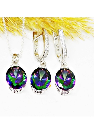 Lilahgümüştr Gümüş Mistik Topaz Kadın Kolye Küpe