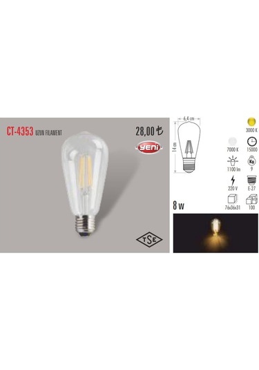 Cata Ct-4353 8w Rustik Led Ampul Uzun Flmanet 3200k Gün Işığı