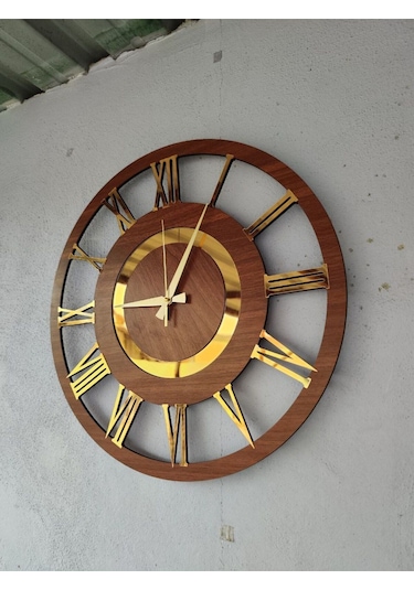 Siyah Ve Ceviz Renk Gold Sayılı Hediyelik Ahşap Dekoratif Farklı Desenli Ev Duvar Saati 50cm Ceviz