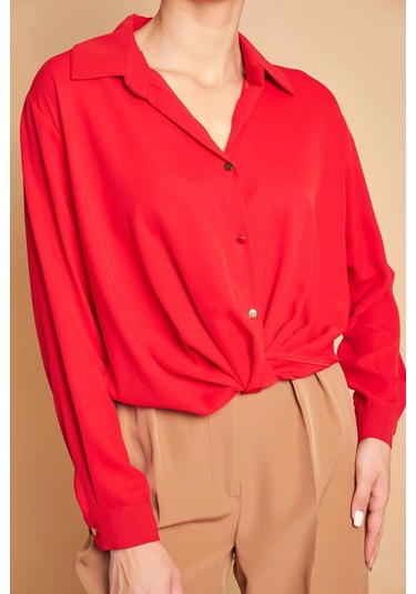 Yakalı Önü Pileli Uzun Kol Likrasız Şık Kumaş Gömlek-kırmızı Kırmızı