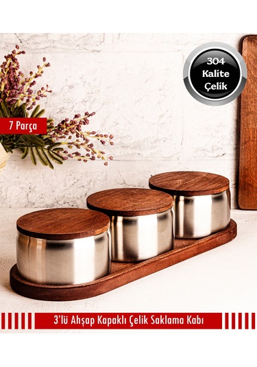 Steel&More Ahşap Kapak Çelik Çerezlik 7 Parça Sızdırmaz Saklama Kabı 12cm Gri