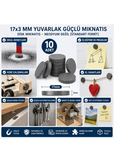 10 Adet Mıknatıs 17x3 Mm Yuvarlak Güçlü Mıknatıs Disk Mıknatıs
