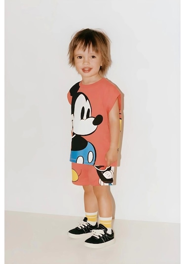 Unisex Çocuk Mickey Mouse Baskılı Pamuklu Bisiklet Yaka T- Shirt Ve Şort Alt Üst Takım Somon