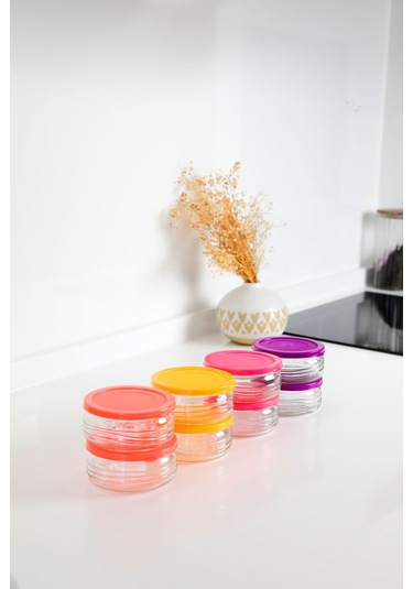 8'li Premium Kahvaltılık Seti 410 Cc Renkli Plastik Kapaklı, Cam Saklama Kabı, Hava Geçirmez Çok Renkli