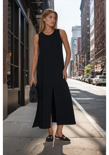 Kadın Sıfır Kol Aerobin Kumaş A Kesim Yırtmaçlı Maxi Yazlık Elbise 3760330 Siyah