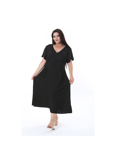 Kadın Büyük Beden Siyah Bürümcük Kumaş V Yakalı Ön Yırtmaçlı Elbise 65n38312-siyah Siyah