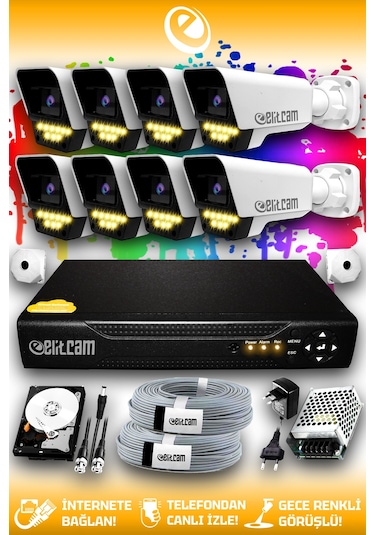 Elitcam 8 Kameralı Süper 8 Dış Kamera Set 500 GB 5 MP 2K Net Renkli Gece Görüşlü Güvenlik Kamerası Sistemi
