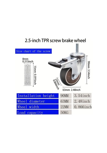 Dashanshop 1.25 İnç Tpe Lastik Tekerlekli 4 Adet Ağır Hizmet Metal Sessiz Frenli Döner Tekerlek