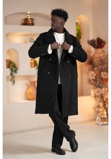 İtalyan Geniş Yaka Oversize Bol Kesim Salaş Uzun Kaban Siyah