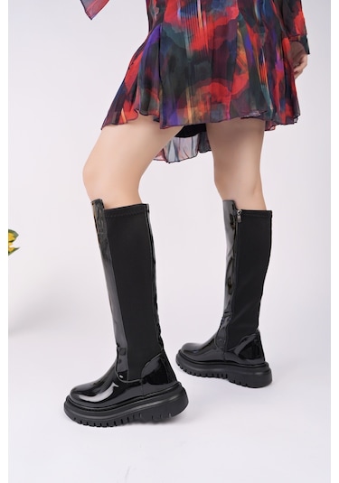 Muggo Nerox Kalın Taban Streç Detaylı Fermuarlı Kadın Çizme SİYAH RUGAN