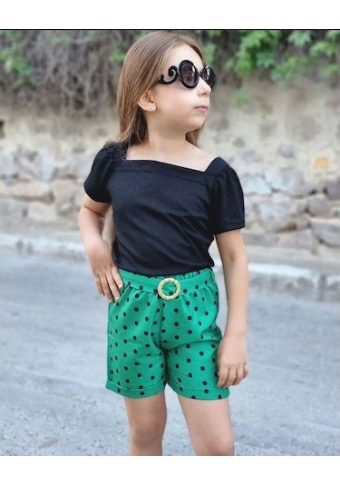 MODAVALS KIZ ÇOCUK PUANTİYELİ KEMERLİ ŞORT VE BLUZ KOMBİN - YEŞİL Yeşil