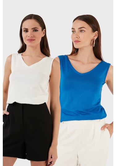 Lela Slim Fit V Yaka Kalın Askılı 2' Li Paket Bayan Bluz 5864384S2 Ekru-Saks