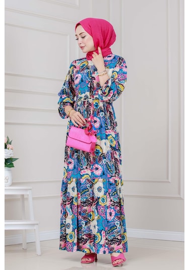 Beli Tünelli Çiçekli Viscon Elbise-mavi-5317 Mavi