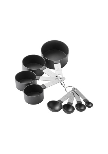 Neevoyu Kahve, Şeker, Yağ Ölçümü İçin 8 Parça Plastik+paslanmaz Çelik Kupa Ve Kaşık Seti - Mutfak Fırıncı Gereci Siyah