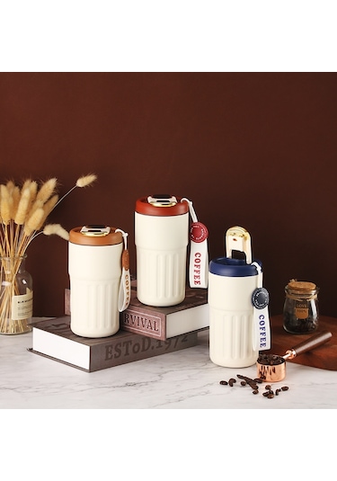 410/450Ml Paslanmaz Çelik Kahve Şişesi Kadın Basit Termos Bardak Erkek Taşınabilir Beraberindeki Soğuk Su Hediye Pot-450Ml Mavi