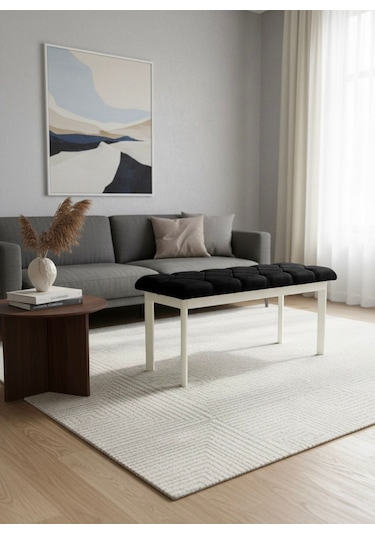 Loft Kapitone Döşeme Beyaz Metal Ayaklı Puf & Bench - 105x40 Cm Siyah