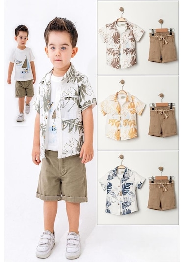 3'lü Erkek Çocuk Yeşil Yaprak Desenli Gömlek Tişört Sortlu Takım-1356 Yeşil