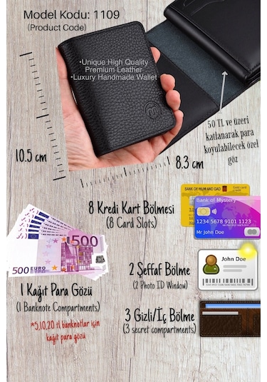 Mimodish 1109 Hakiki Deri Dikey Siyah Renk Lüks Erkek Cüzdanı