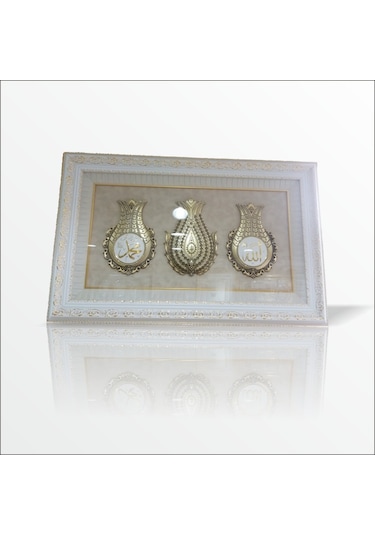 61x97 CM Esmalı Kristal Taşlı Oyma Çerçeveli Üçlü Lale Tablo Pano