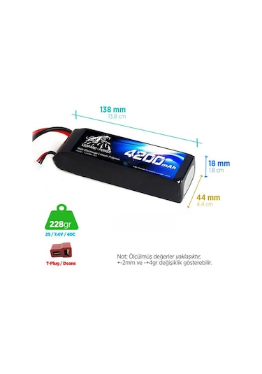 Leopard Power 4200 mAh 7.4V 2S 40C Lityum Polimer Lipo Batarya Pil T Plug