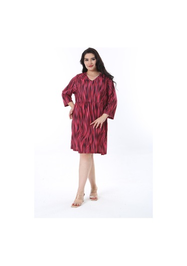 Kadın Büyük Beden Renkli V Yakalı Belden Büzgülü Kapri Kol Elbise 65n38200-renkli Çok Renkli