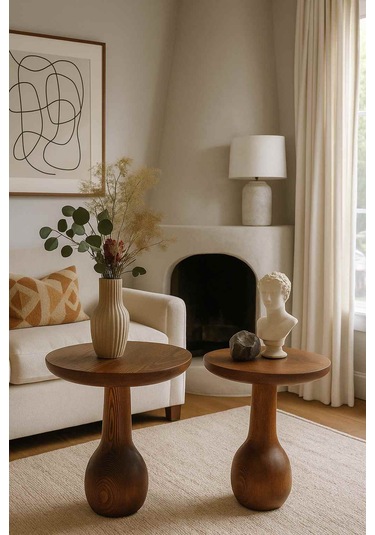 2 Li Doğal Masif Ahşap Yan Sehpa Seti Meşe Renk Zigon Fiskos Meşe