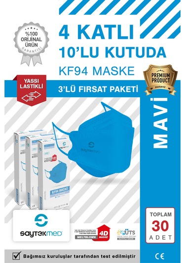 Kf94 Kore Tipi, 4 Katlı, Mavi Maske, Uv Steril 3 Kutu/ 30 Adet