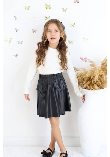 Bayramlık Fitilli Dantel Detay Deri Etekli 2 Li Takım Beyaz/siyah Beyaz - Siyah