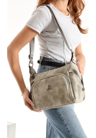 Kadın Postacı Çanta Çapraz Askılı Suni Deri Omuz Çantası 32 22 Cm Mega Günlük Omuz Çantası Gri