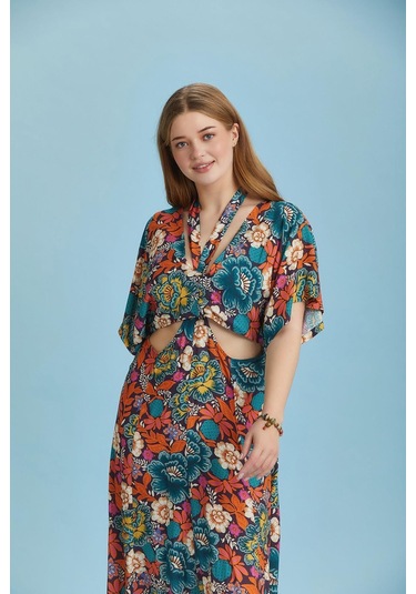 Sırt Pencereli Çiçek Desenli Büyük Beden Bohem Elbise 001