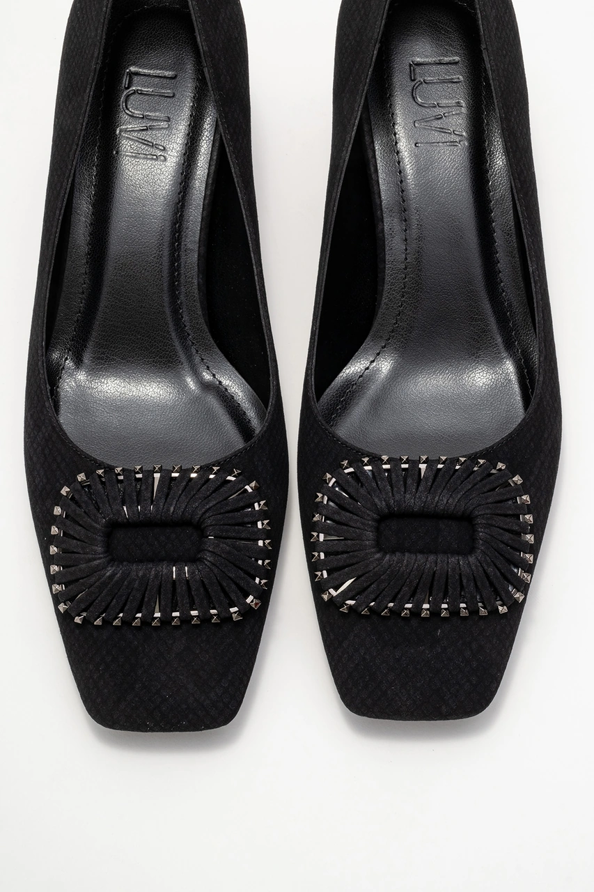 Velora Siyah Desenli Tokalı Kadın Kalın Topuklu Ayakkabı Siyah Yılan