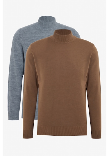 Erkek Vızon-grı Melanj 2'li Paket Standart Fit Normal Kesim Yarım Balıkçı Yaka Basic Triko Kazak Vızon-grı Melanj