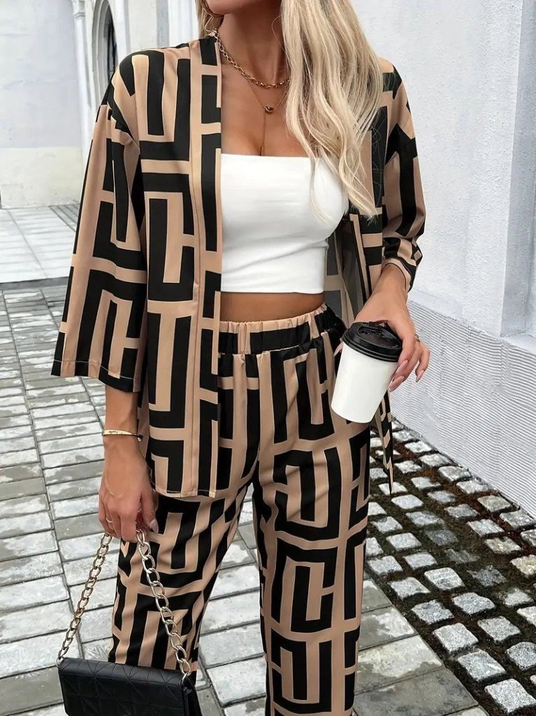 Tua Moda Kadın Uzun Kollu Önü Açık Desenli Iki Iplik Ceket Ve Pantolon Ikili Takım Kahve