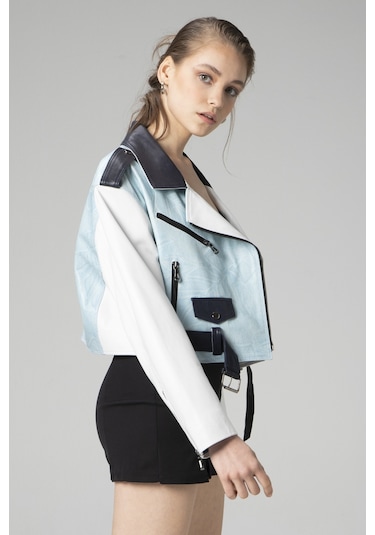 Dericlub H.quınn Crop Biker Kadın Deri Mont Mavi