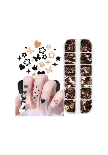 Siyah Ve Gold Tırnak Süsleme Folyo Pulları Karışık Dizayn Kelebek Kalp Tavşan Yıldızlar Nail Art