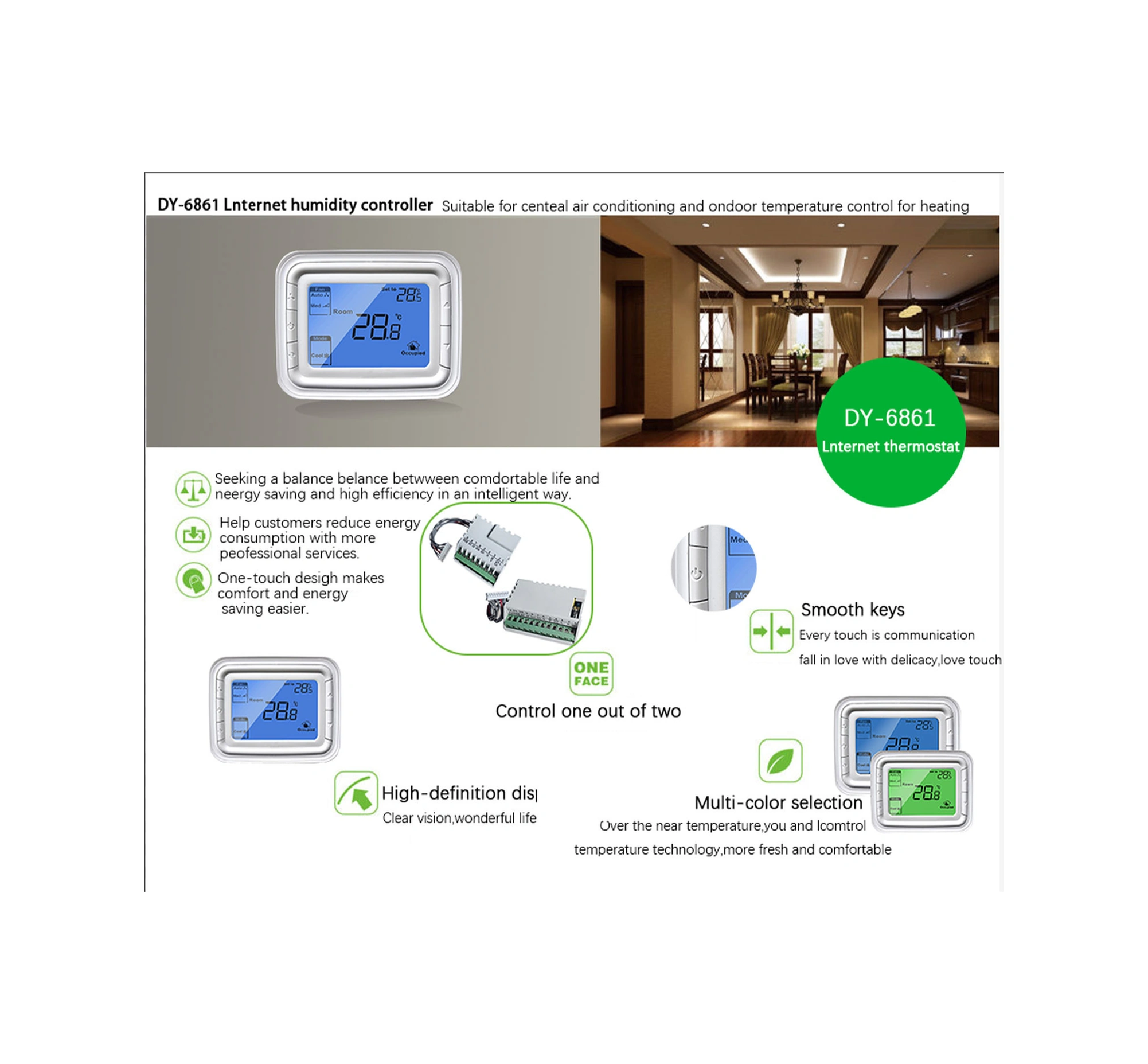 Padalink T6861h2wb Lcd Dijital Termostat, 9p 2 Borulu, Fan Kontrolü, Oda Sıcaklığı Regülatörü, Mavi Ekran, Yatay Tipi