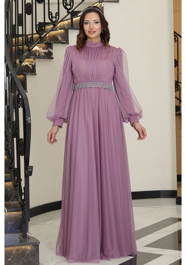 Alia Şık Taş Detaylı Büyük Beden Tesettür Abiye - Alya Lavanta